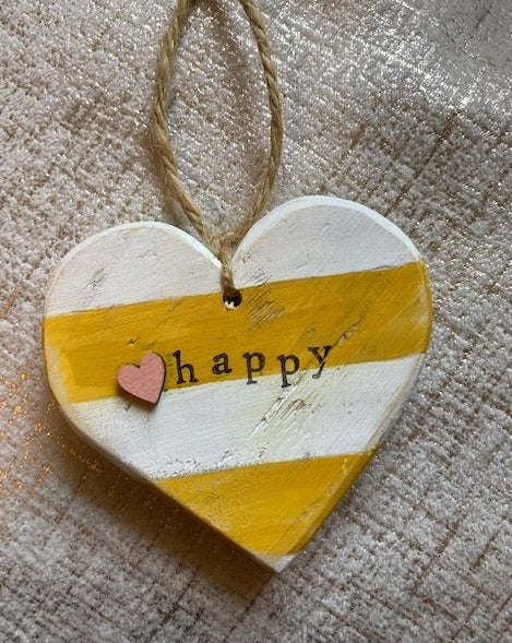 Yellow Happy Wooden Mantra Heart 